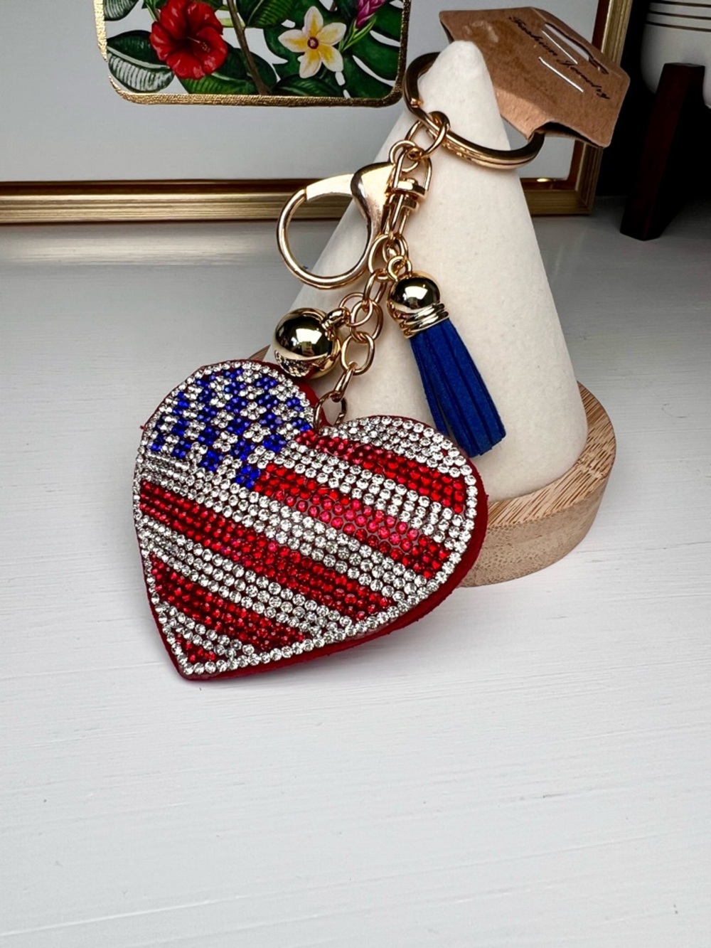 Sparkling Patriotic Heart Keychain Bag Charm and Card Holder - Red, White & Blue - Picture 4 of 7